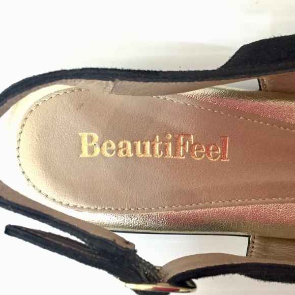BEAUTIFEEL Demi Black Suede Slingback Flats Gold 6 - Picture 9 of 13